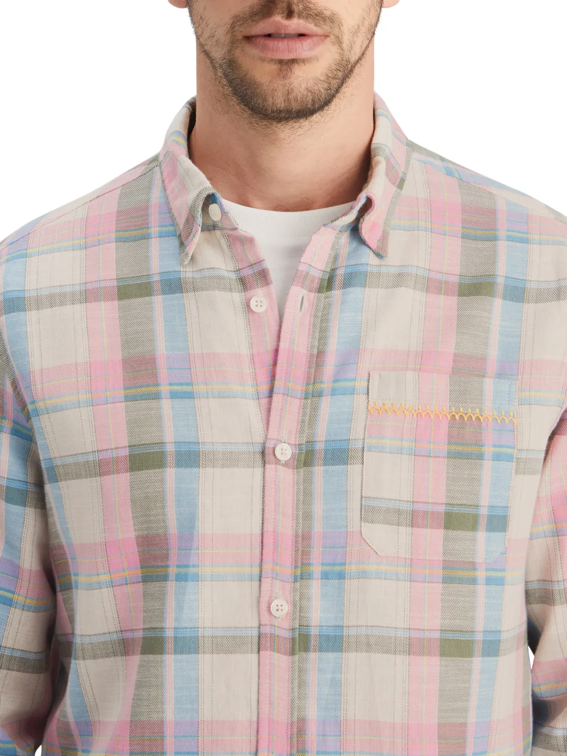 Green-Pink Yarn Dyed Check Shirt with Sleeve Collectors