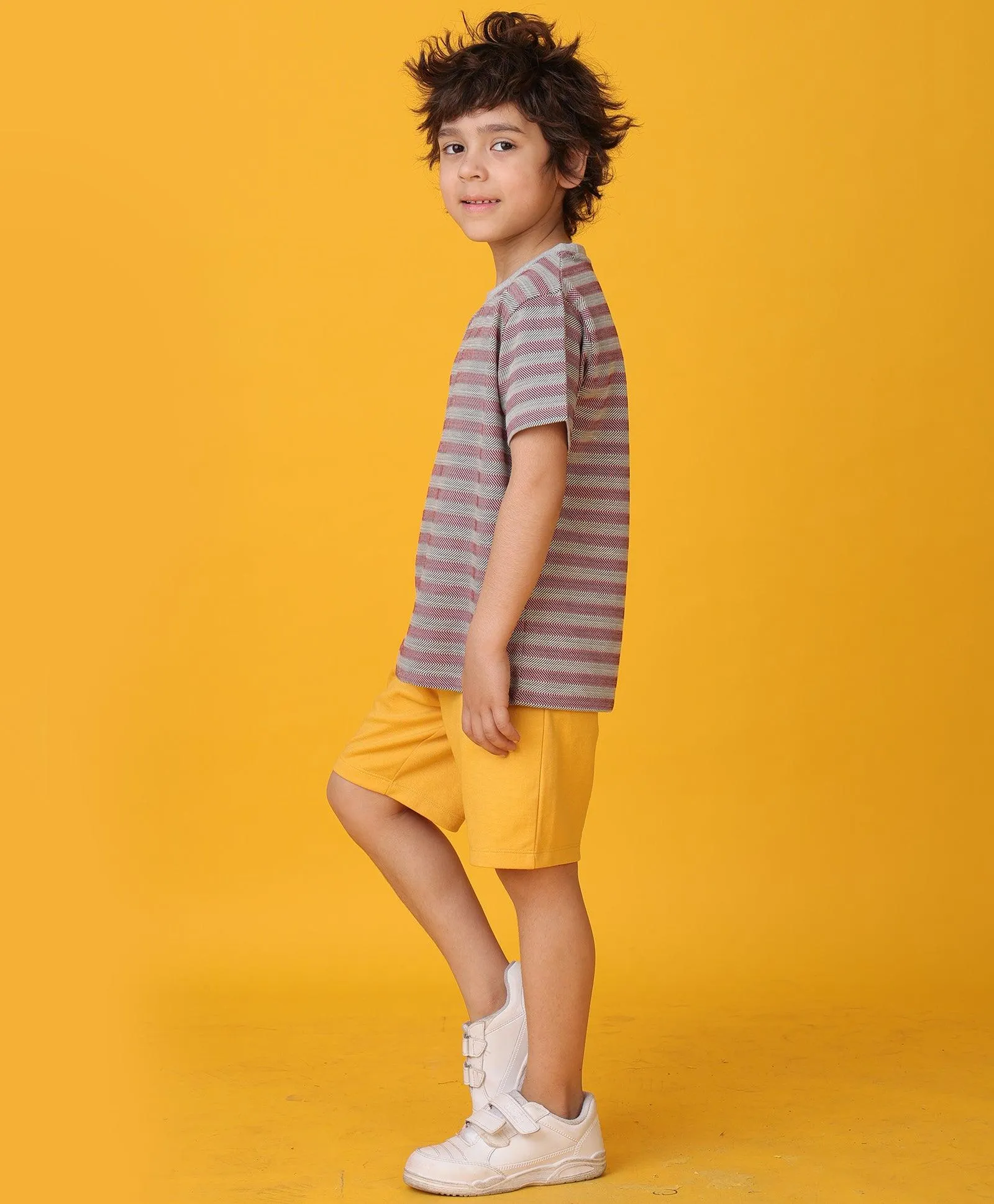 GREY RED STRIPED MUSTARD YELLOW SHORTS SET - GREY/MUSTARD
