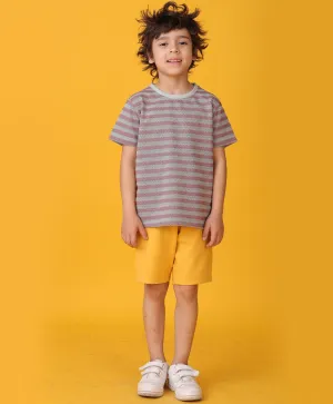 GREY RED STRIPED MUSTARD YELLOW SHORTS SET - GREY/MUSTARD
