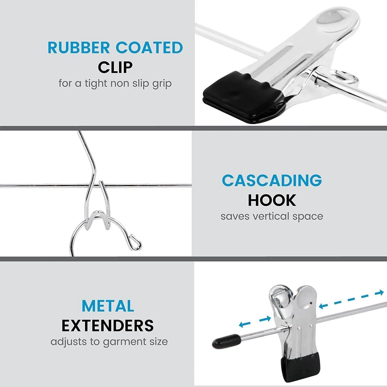 Heavy-Duty Add-On Skirt Hangers with Clips 12 Pack, Multi Stackable Add on Hangers, Adjustable Clip Pants Hanger, Skirt Hanger with Clips, Chrome Hook, Cascading Clip Hanger Jeans, Slacks, Bottoms