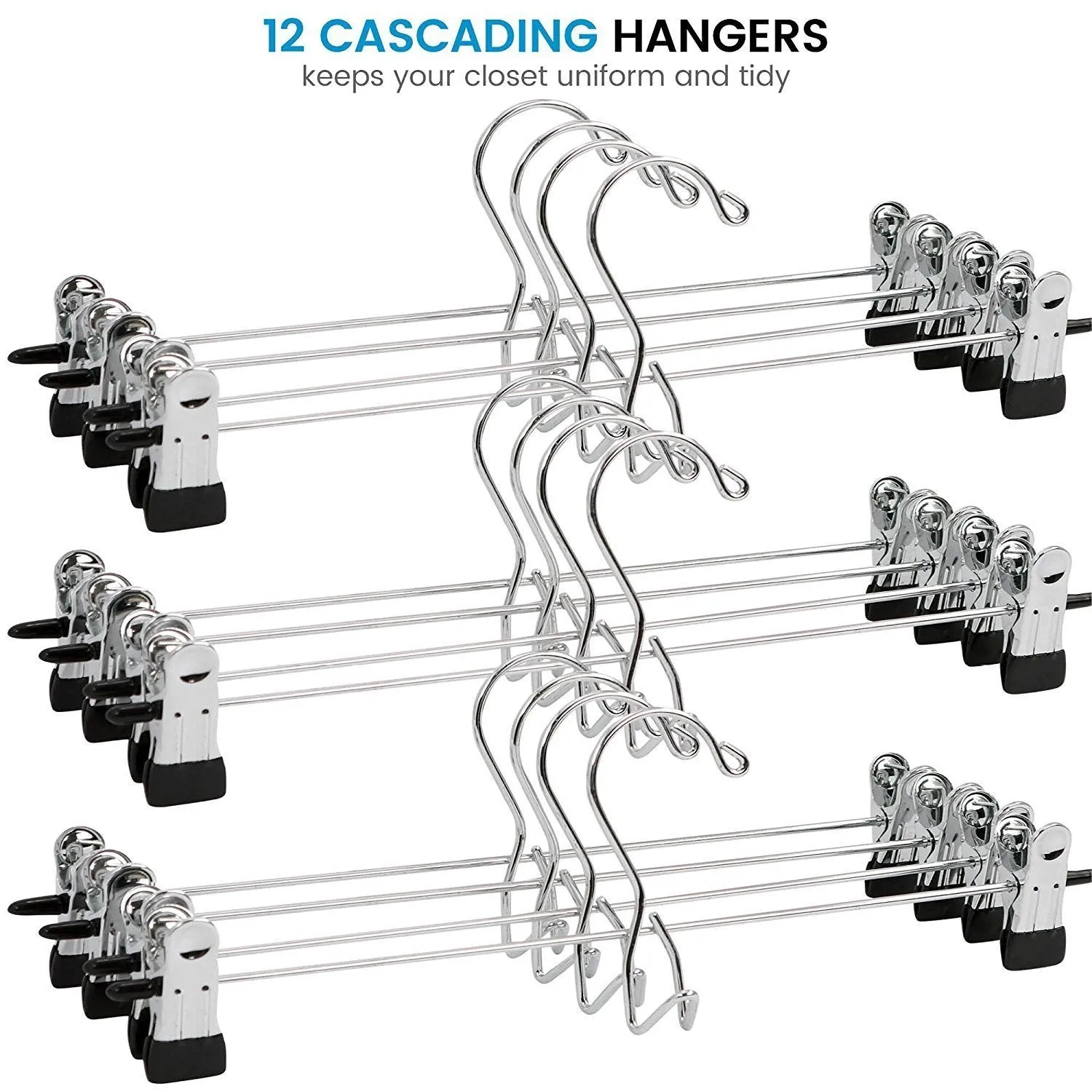 Heavy-Duty Add-On Skirt Hangers with Clips 12 Pack, Multi Stackable Add on Hangers, Adjustable Clip Pants Hanger, Skirt Hanger with Clips, Chrome Hook, Cascading Clip Hanger Jeans, Slacks, Bottoms