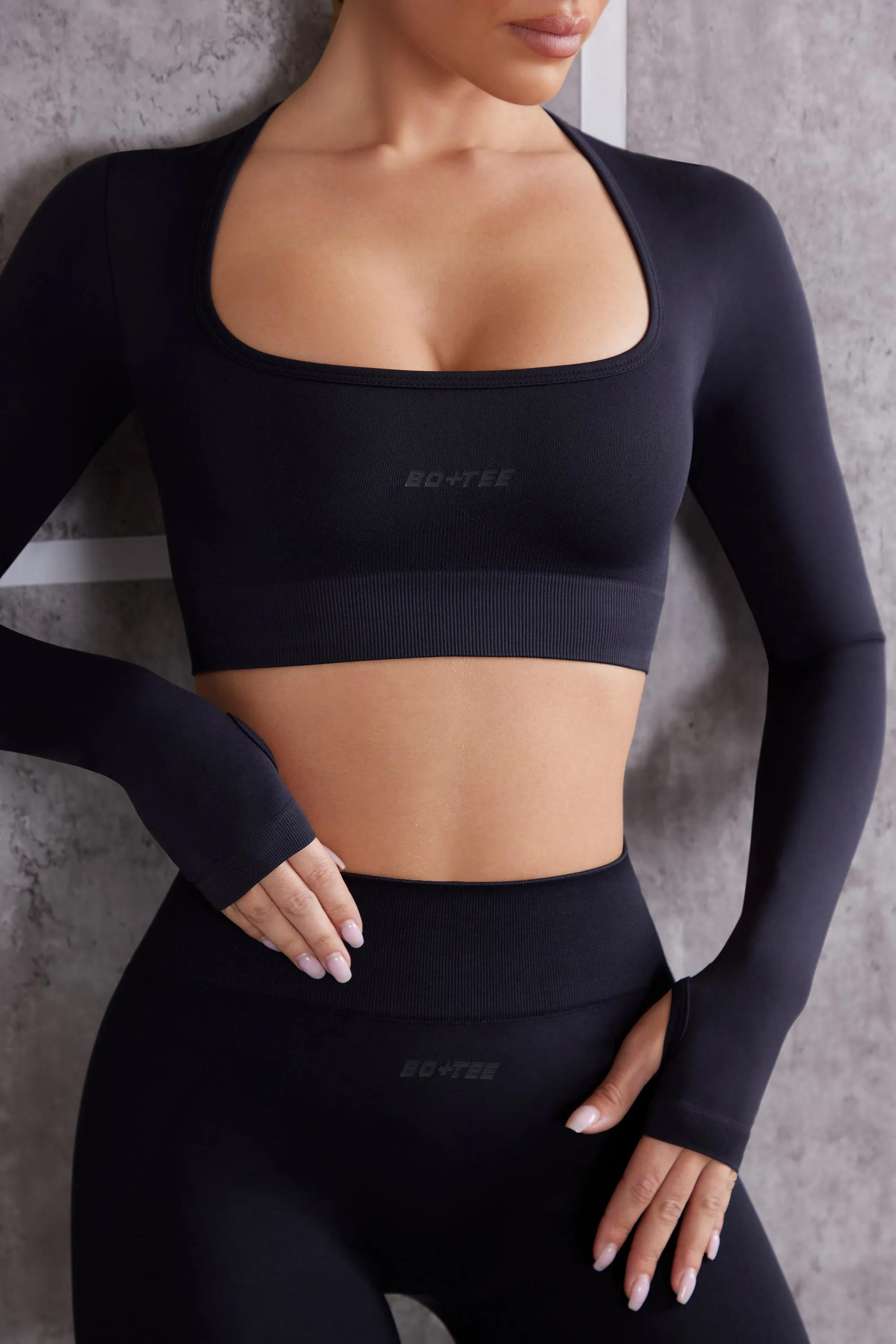 Instinct - Long Sleeve Crop Top in Jet Black