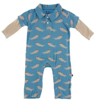 KicKee Pants Blue Moon Sea Otter Double Layer L/S Polo Romper