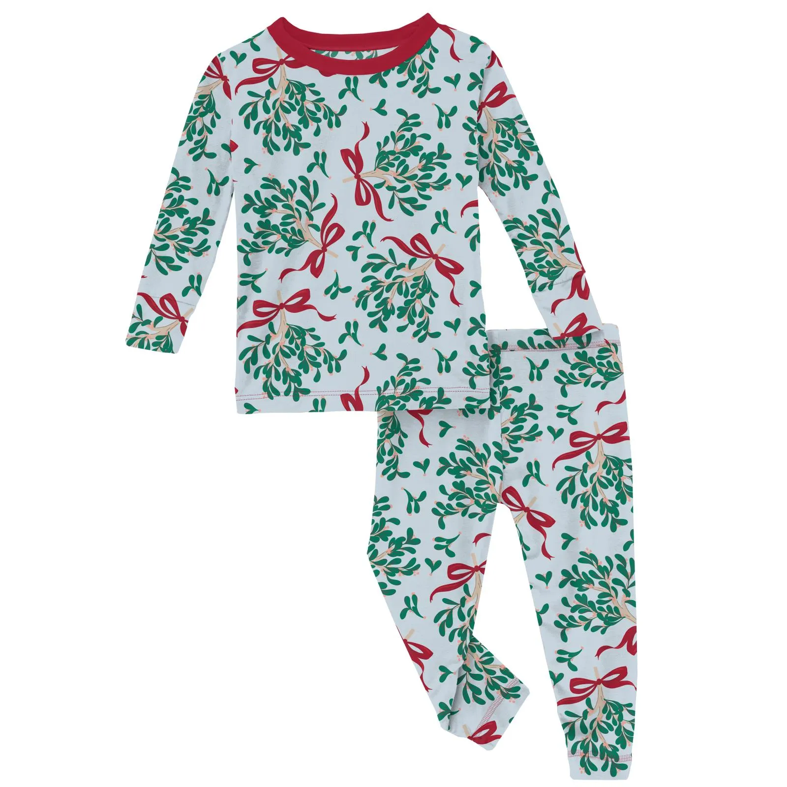 Kickee Pants Illusion Blue Mistletoe & Ribbons Print Long Sleeve Pajama Set