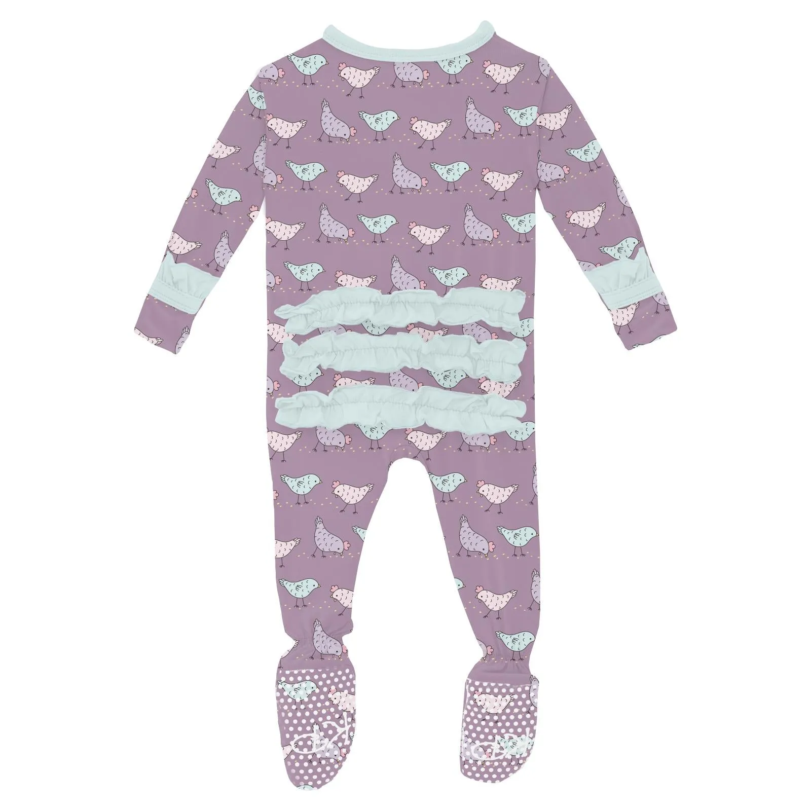 Kickee Pants Print Classic Ruffle Footie with 2 Way Zipper- Lavender Chickens