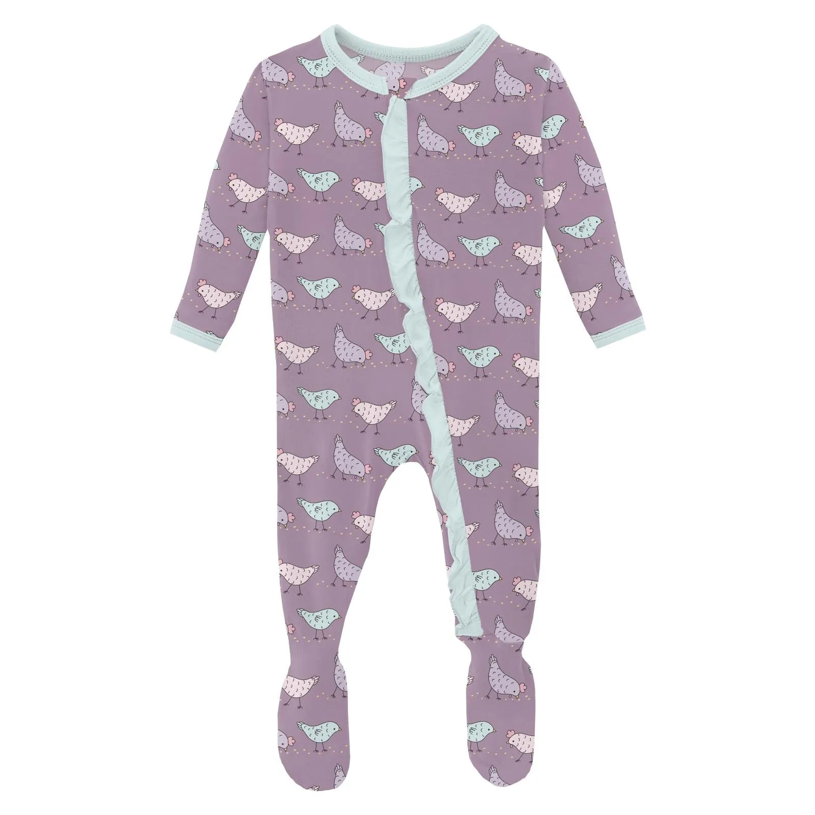 Kickee Pants Print Classic Ruffle Footie with 2 Way Zipper- Lavender Chickens