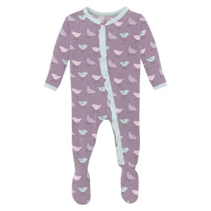 Kickee Pants Print Classic Ruffle Footie with 2 Way Zipper- Lavender Chickens