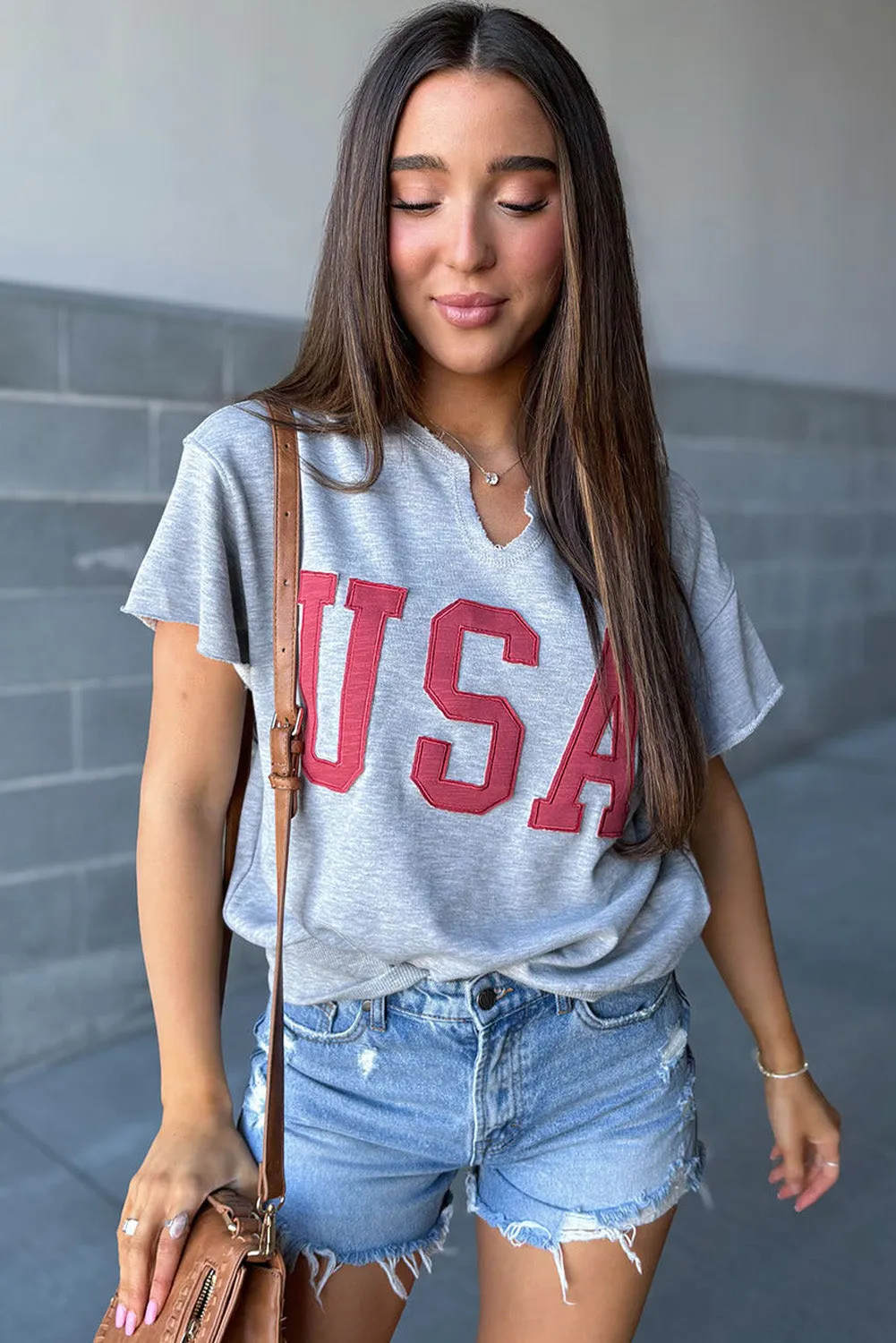 Light Grey USA Lettering Patch Notched Neck Loose Tee