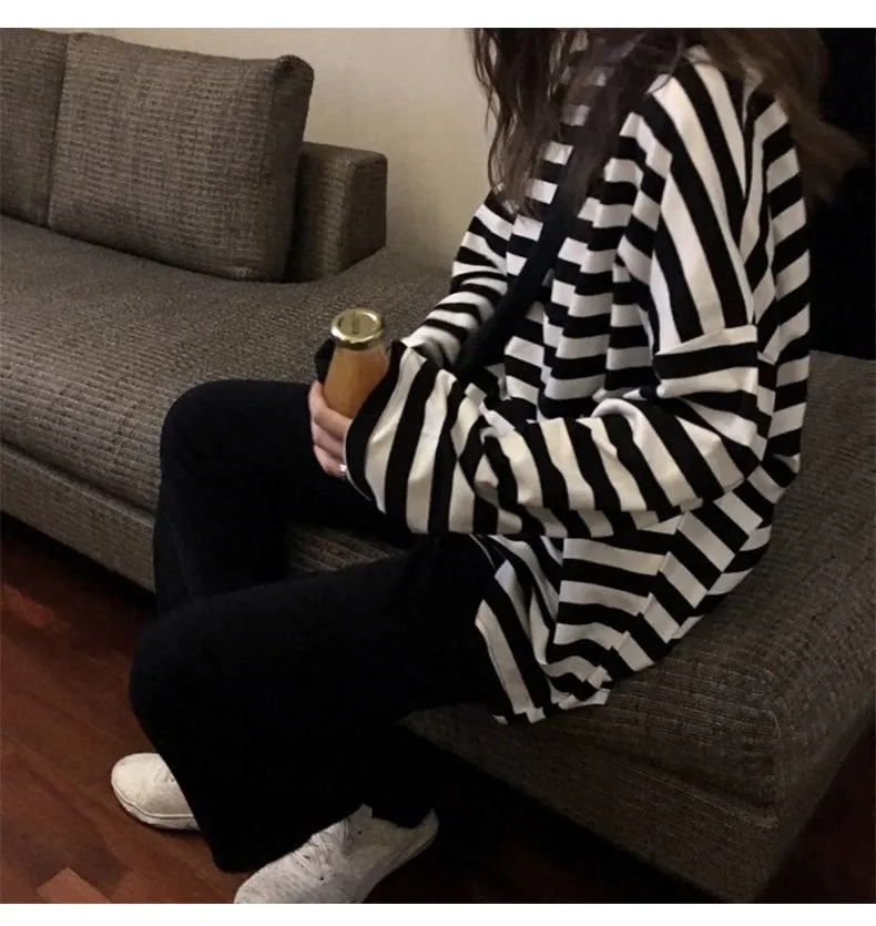 Long Sleeve Loose Black Striped Shirt
