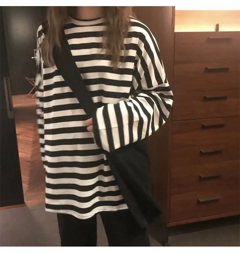Long Sleeve Loose Black Striped Shirt