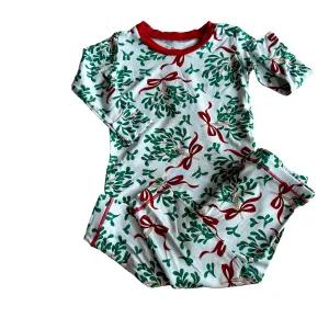 Long Sleeve Pajama Set | Blue Mistletoe & Ribbon