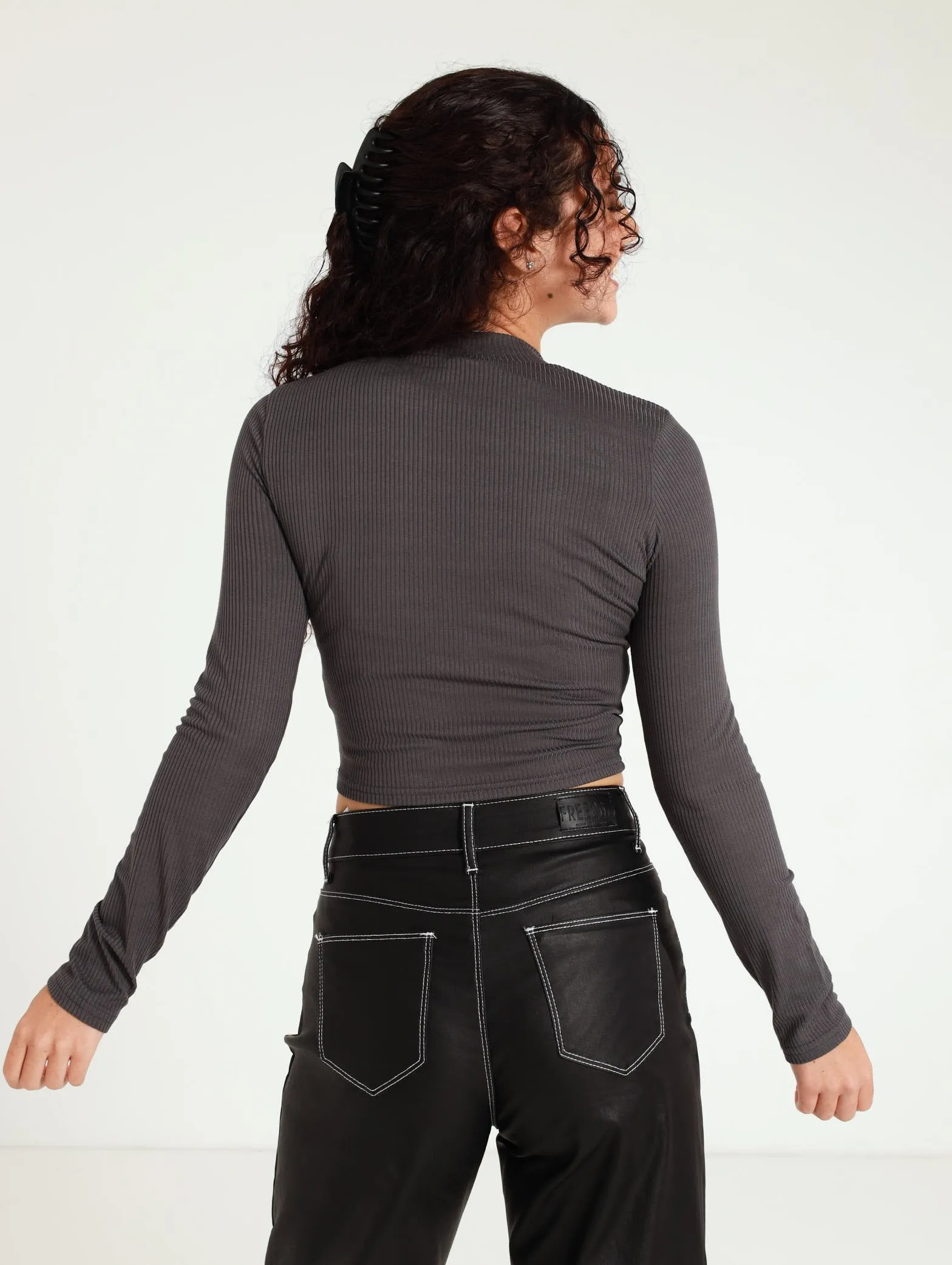 Long Sleeve Rib Basic Top - Charcoal