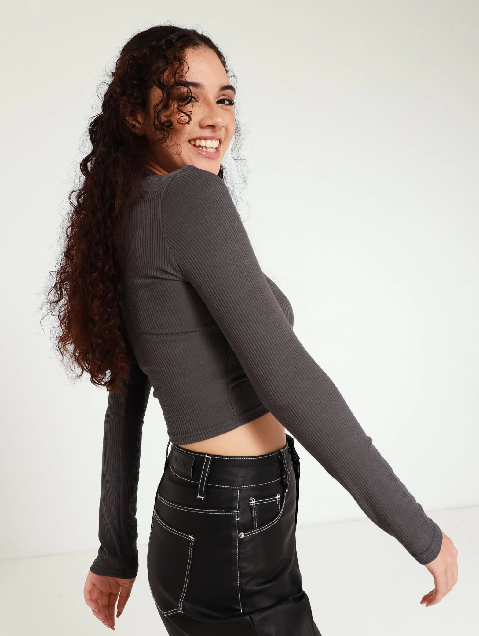 Long Sleeve Rib Basic Top - Charcoal