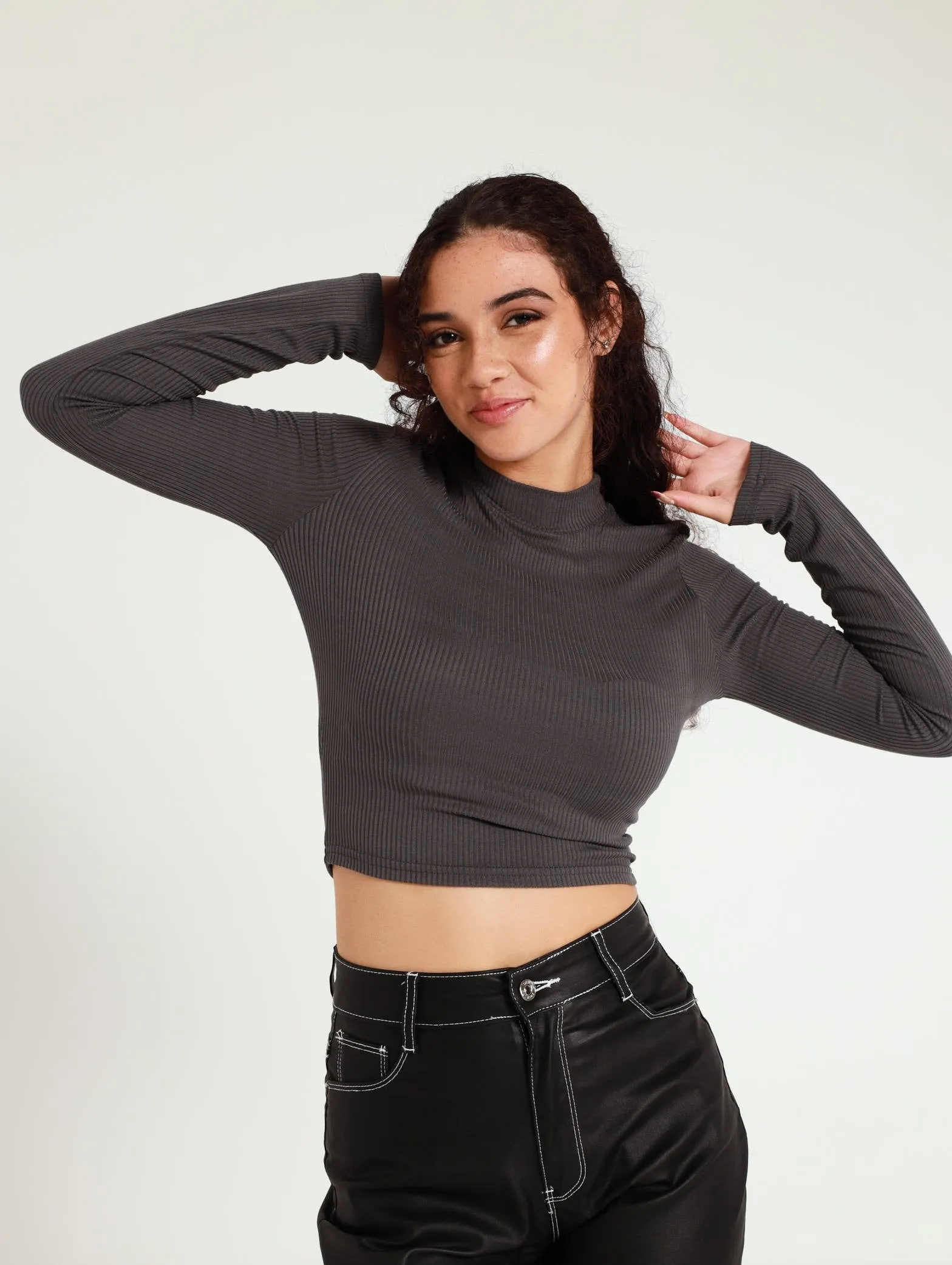 Long Sleeve Rib Basic Top - Charcoal
