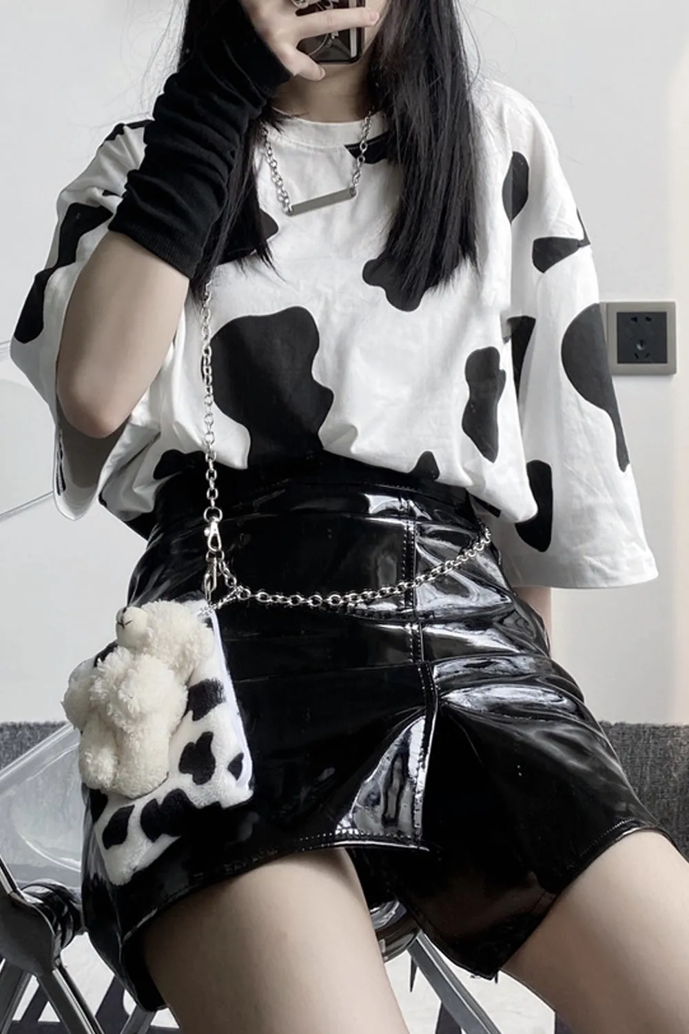 Loose Short Sleeve Cow Pattern Shirt