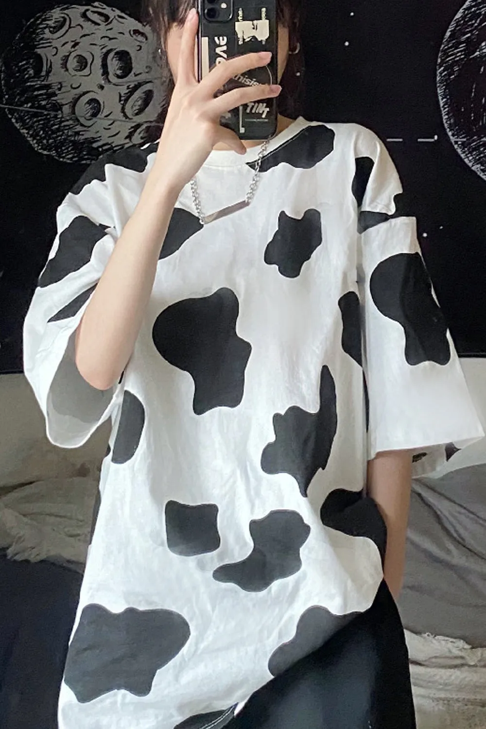 Loose Short Sleeve Cow Pattern Shirt