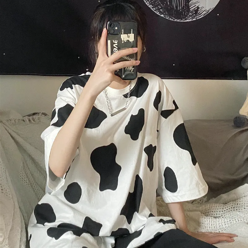 Loose Short Sleeve Cow Pattern Shirt