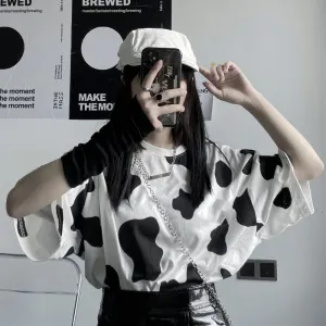 Loose Short Sleeve Cow Pattern Shirt