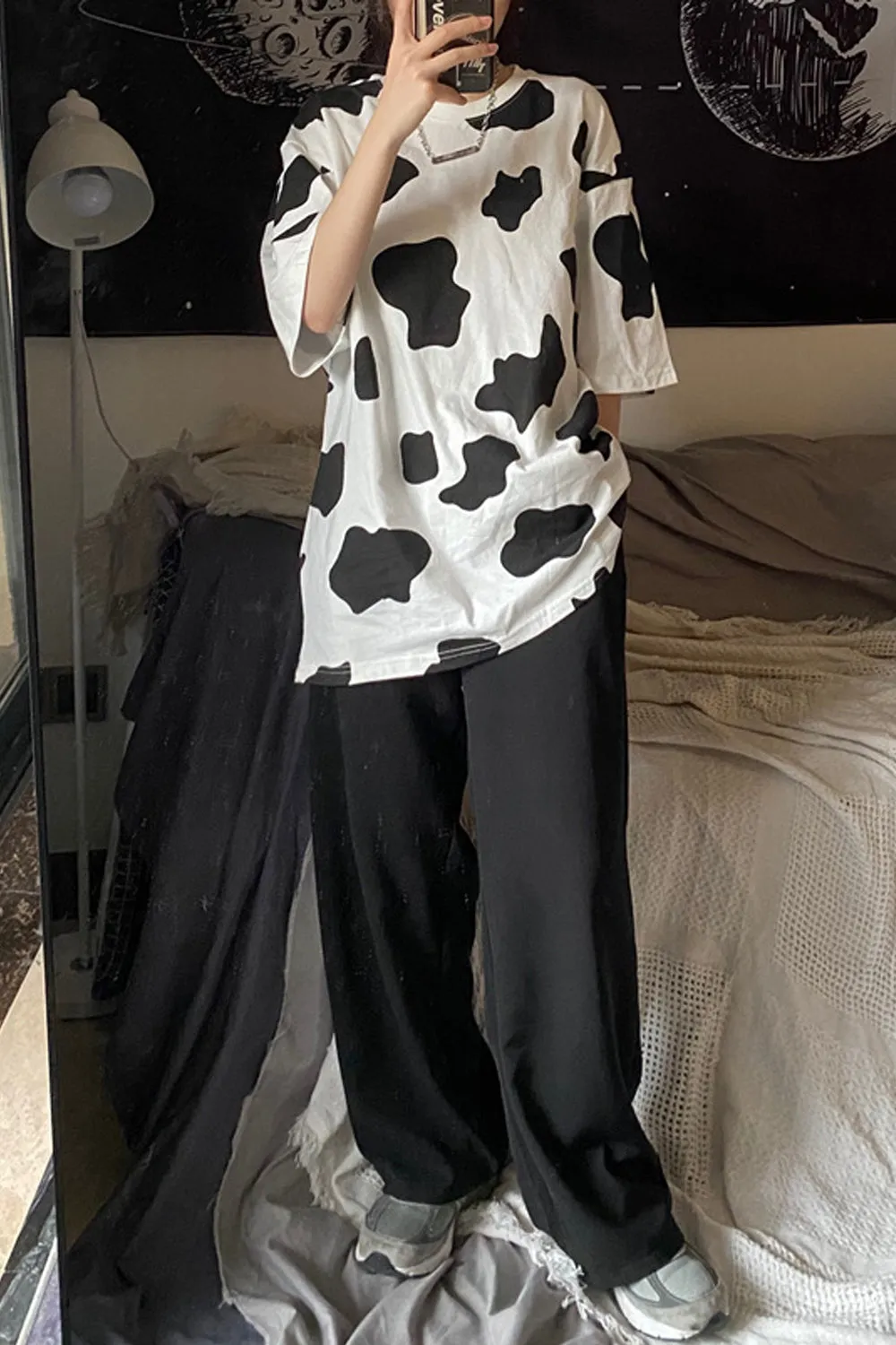 Loose Short Sleeve Cow Pattern Shirt