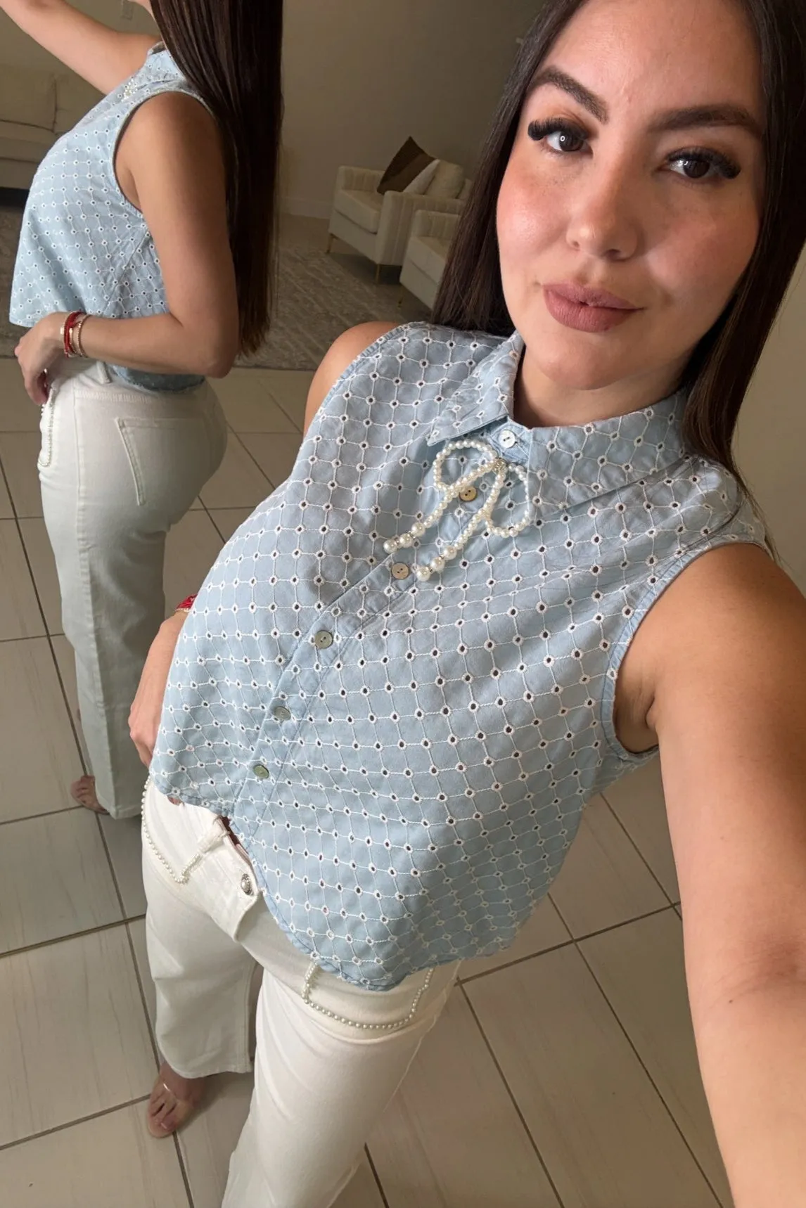 Maison Pearls White Denim Pants