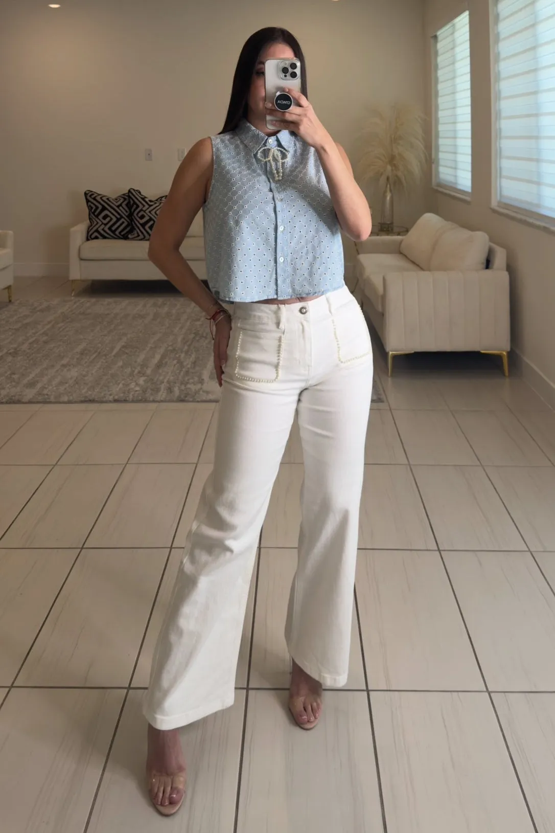 Maison Pearls White Denim Pants