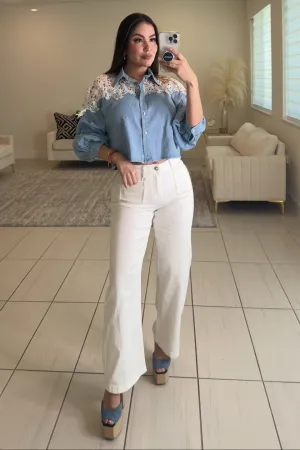 Maison Pearls White Denim Pants