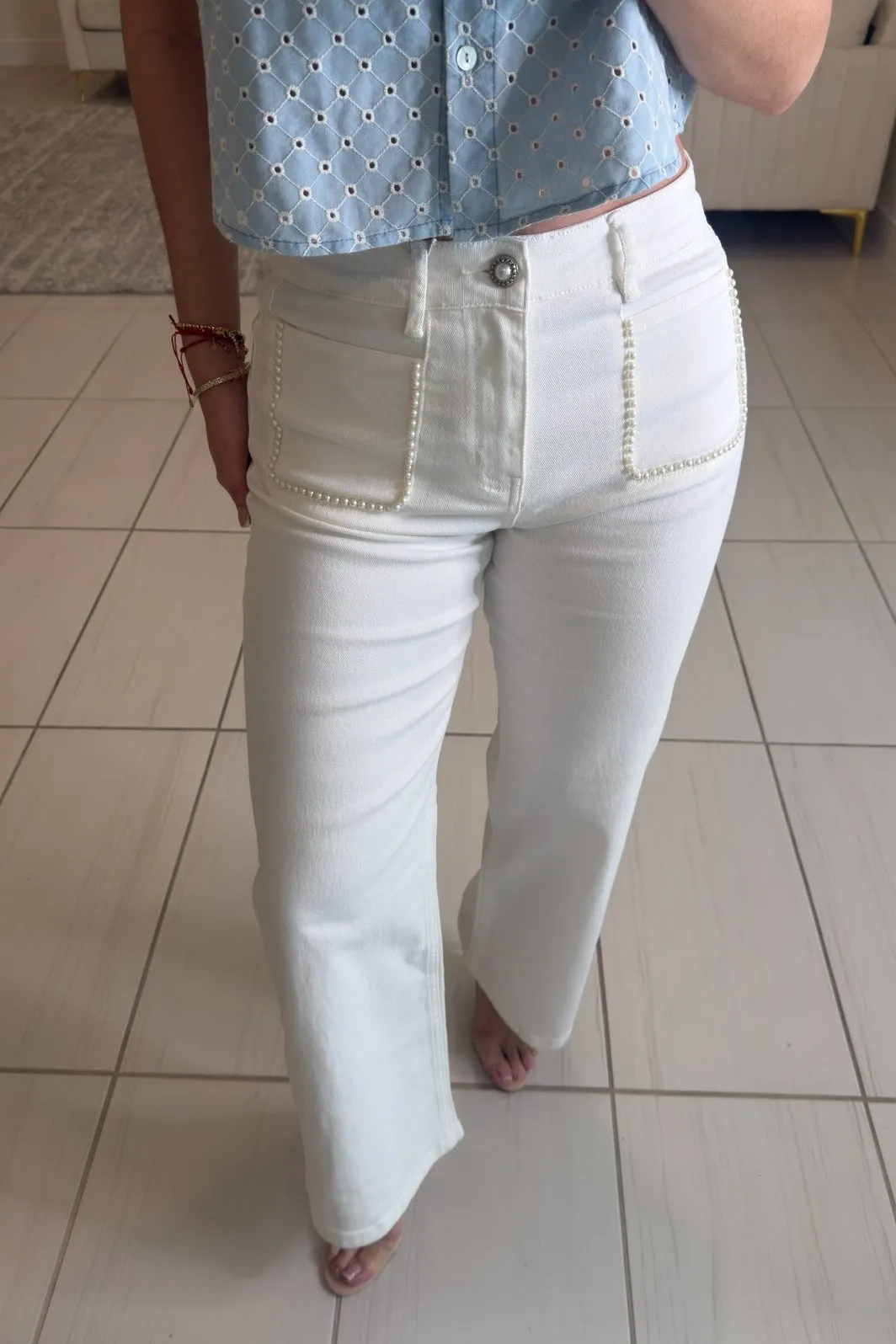 Maison Pearls White Denim Pants