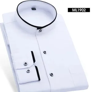 Mandarin Collar Business Formal Shirt Men's Solid Color Dress Shirt Office Wear White/Black Color Asian Size