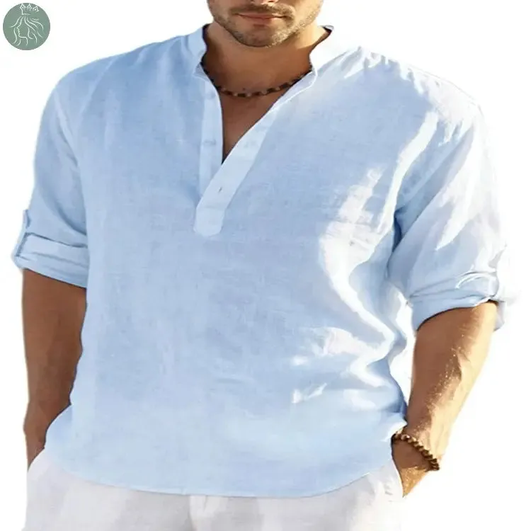 Men's Casual Cotton Linen Solid Color Long Sleeve Shirt Loose Stand Collar