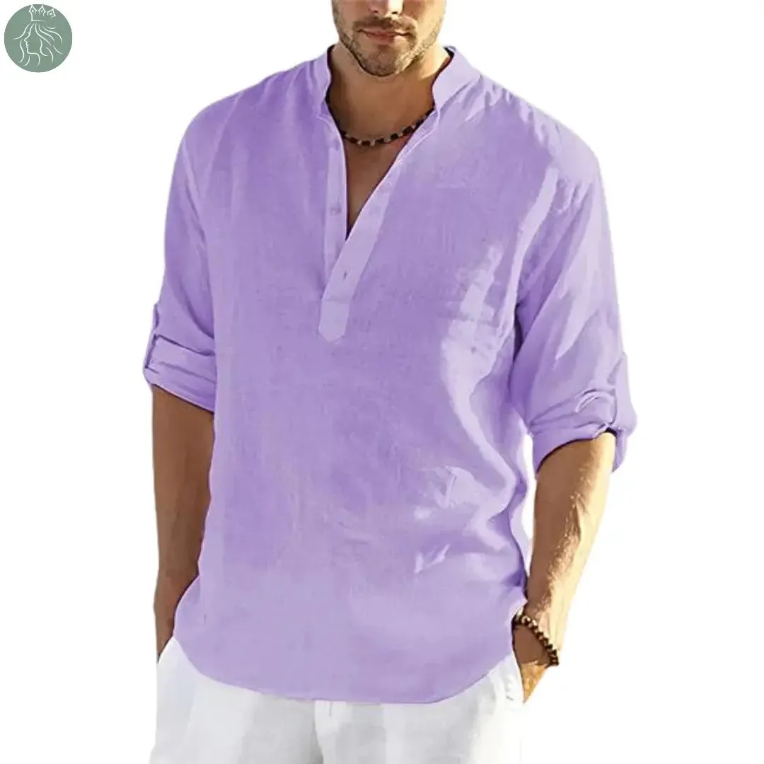 Men's Casual Cotton Linen Solid Color Long Sleeve Shirt Loose Stand Collar