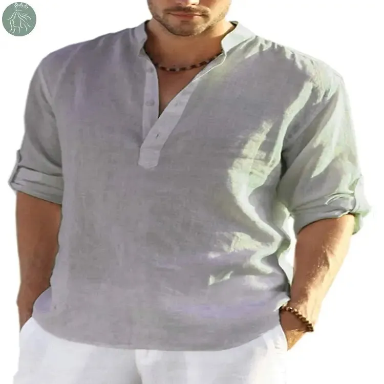 Men's Casual Cotton Linen Solid Color Long Sleeve Shirt Loose Stand Collar