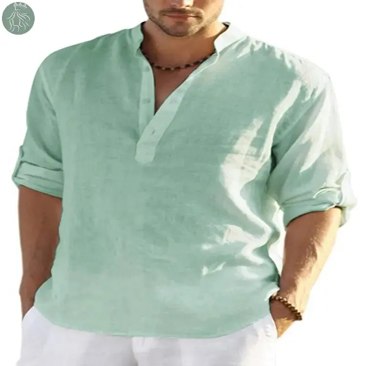 Men's Casual Cotton Linen Solid Color Long Sleeve Shirt Loose Stand Collar