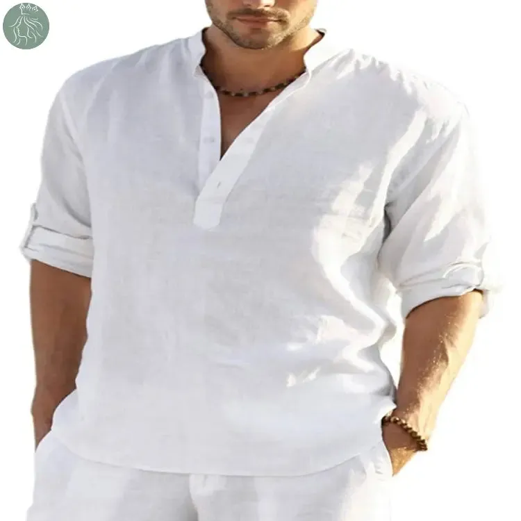 Men's Casual Cotton Linen Solid Color Long Sleeve Shirt Loose Stand Collar