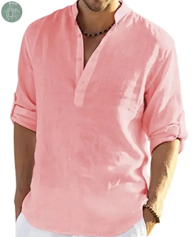 Men's Casual Cotton Linen Solid Color Long Sleeve Shirt Loose Stand Collar