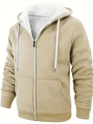 Men's Casual Hooded Zip-Up Jacket with Wool Lining