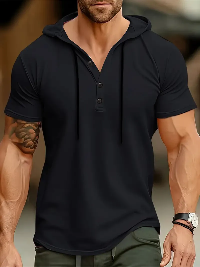 Men's Casual Short Sleeve Hooded V-Neck Tee