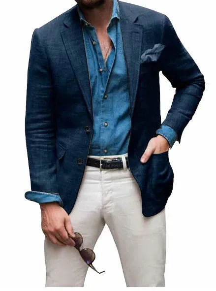 Men's Linen Blazer: Jon - Casual, Tailored Fit, Solid Color, Single-Breasted, Two Buttons, Beach Wedding Appropriate