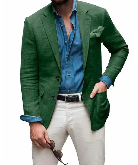 Men's Linen Blazer: Jon - Casual, Tailored Fit, Solid Color, Single-Breasted, Two Buttons, Beach Wedding Appropriate
