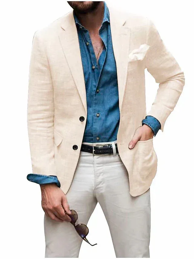 Men's Linen Blazer: Jon - Casual, Tailored Fit, Solid Color, Single-Breasted, Two Buttons, Beach Wedding Appropriate