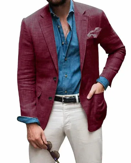 Men's Linen Blazer: Jon - Casual, Tailored Fit, Solid Color, Single-Breasted, Two Buttons, Beach Wedding Appropriate