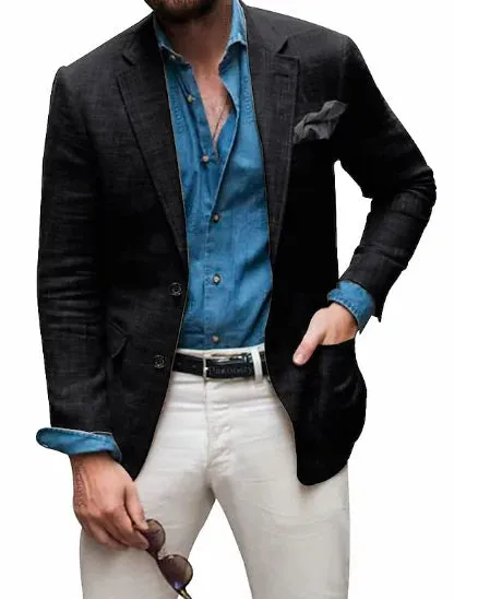 Men's Linen Blazer: Jon - Casual, Tailored Fit, Solid Color, Single-Breasted, Two Buttons, Beach Wedding Appropriate