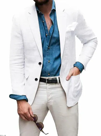 Men's Linen Blazer: Jon - Casual, Tailored Fit, Solid Color, Single-Breasted, Two Buttons, Beach Wedding Appropriate