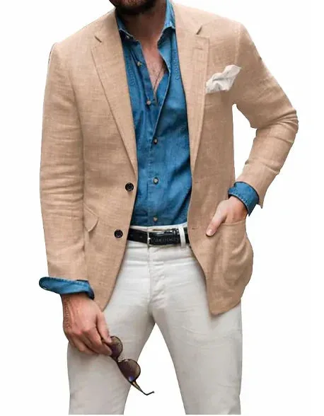 Men's Linen Blazer: Jon - Casual, Tailored Fit, Solid Color, Single-Breasted, Two Buttons, Beach Wedding Appropriate
