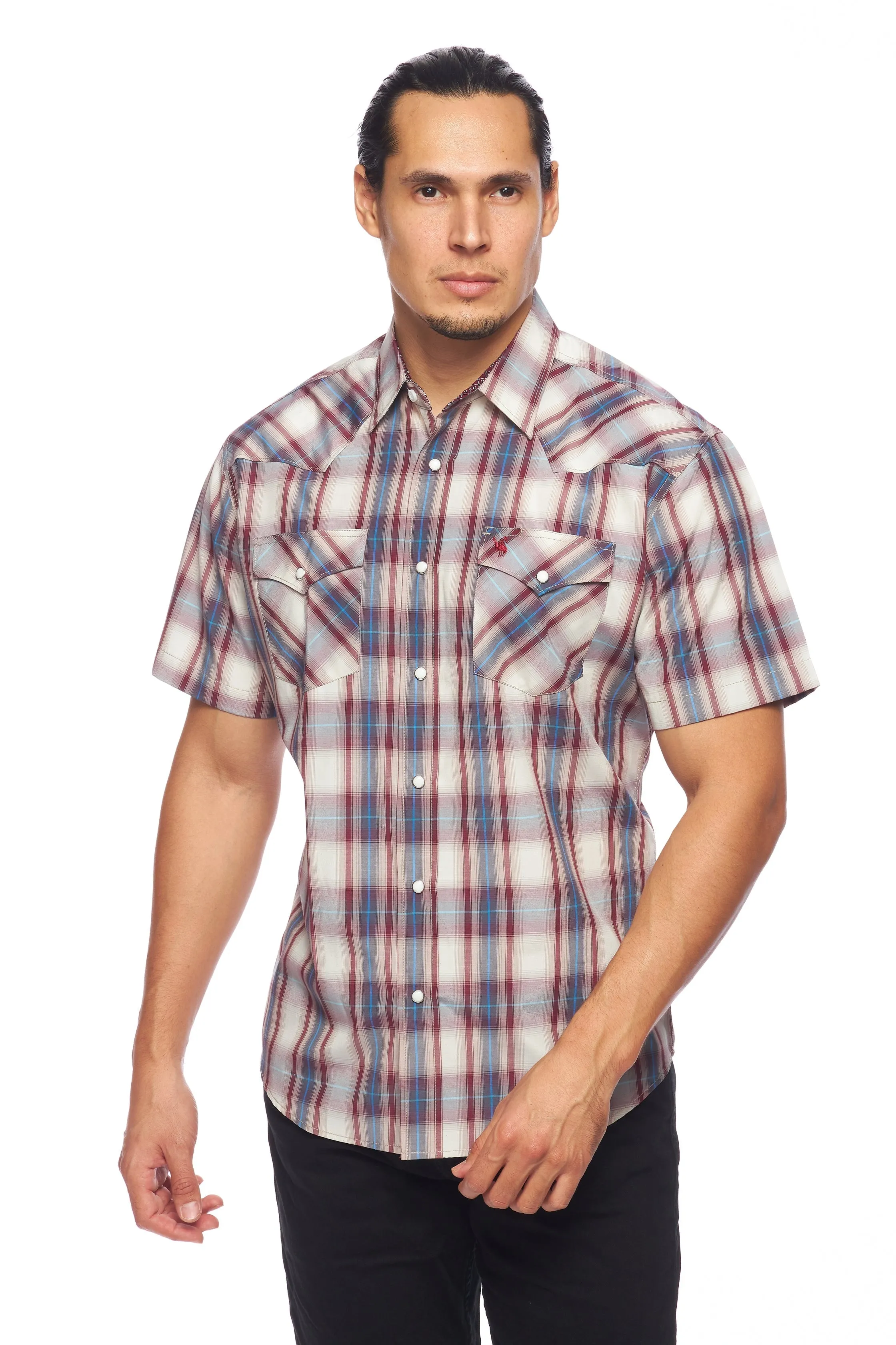 Men's Western Short Sleeve Pearl Snaps Plaid Shirt-PS400S-406