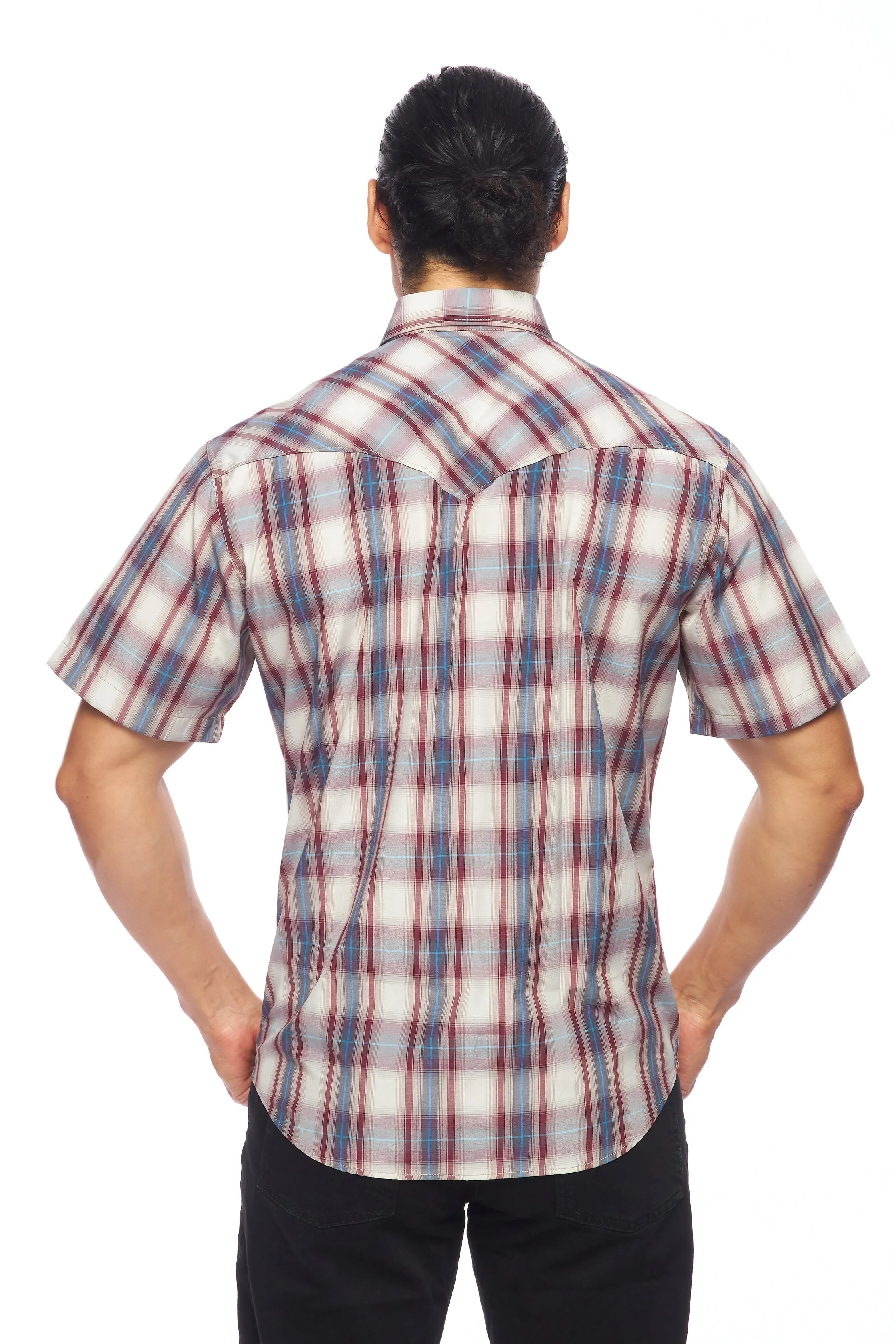 Men's Western Short Sleeve Pearl Snaps Plaid Shirt-PS400S-406