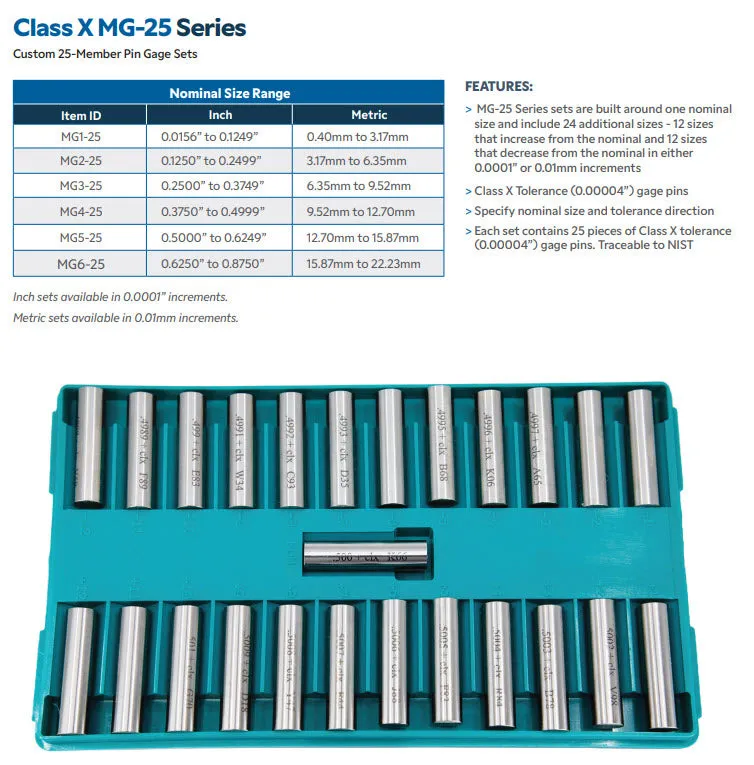 Meyer - MG4-25IP Plug Gauge Sets 0.3750” to 0.4999”  - Class "X" - 25 Piece - .0001" Increments - Plus tolerance, (Inch) .00004"