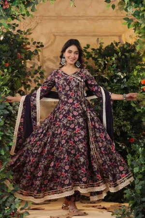 Midnight Garden Muslin Flared Anarkali Suit Set