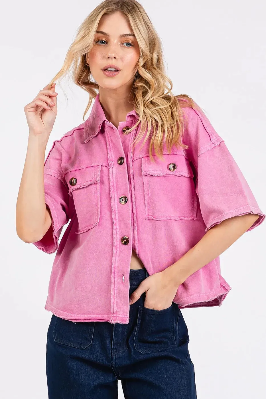 Mittoshop Mineral Wash Boxy Short Sleeve Button Down Shirt
