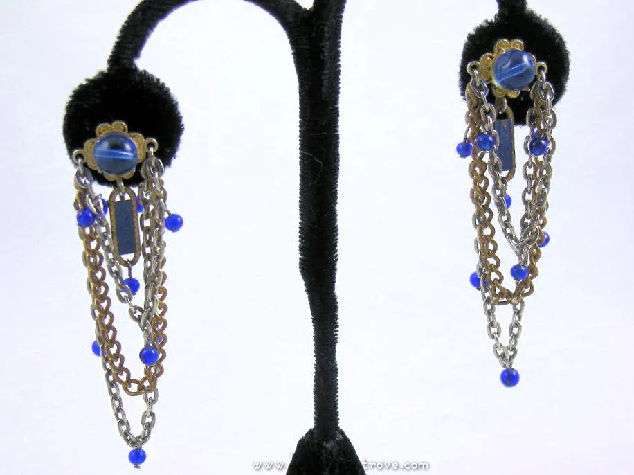 MultiStrand Chain Necklace & Earrings Royal Blue and Goldtone Vintage 1970s