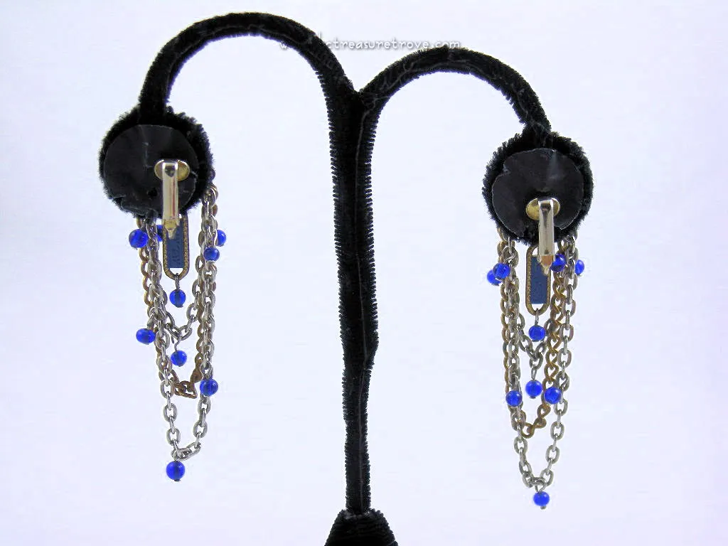 MultiStrand Chain Necklace & Earrings Royal Blue and Goldtone Vintage 1970s